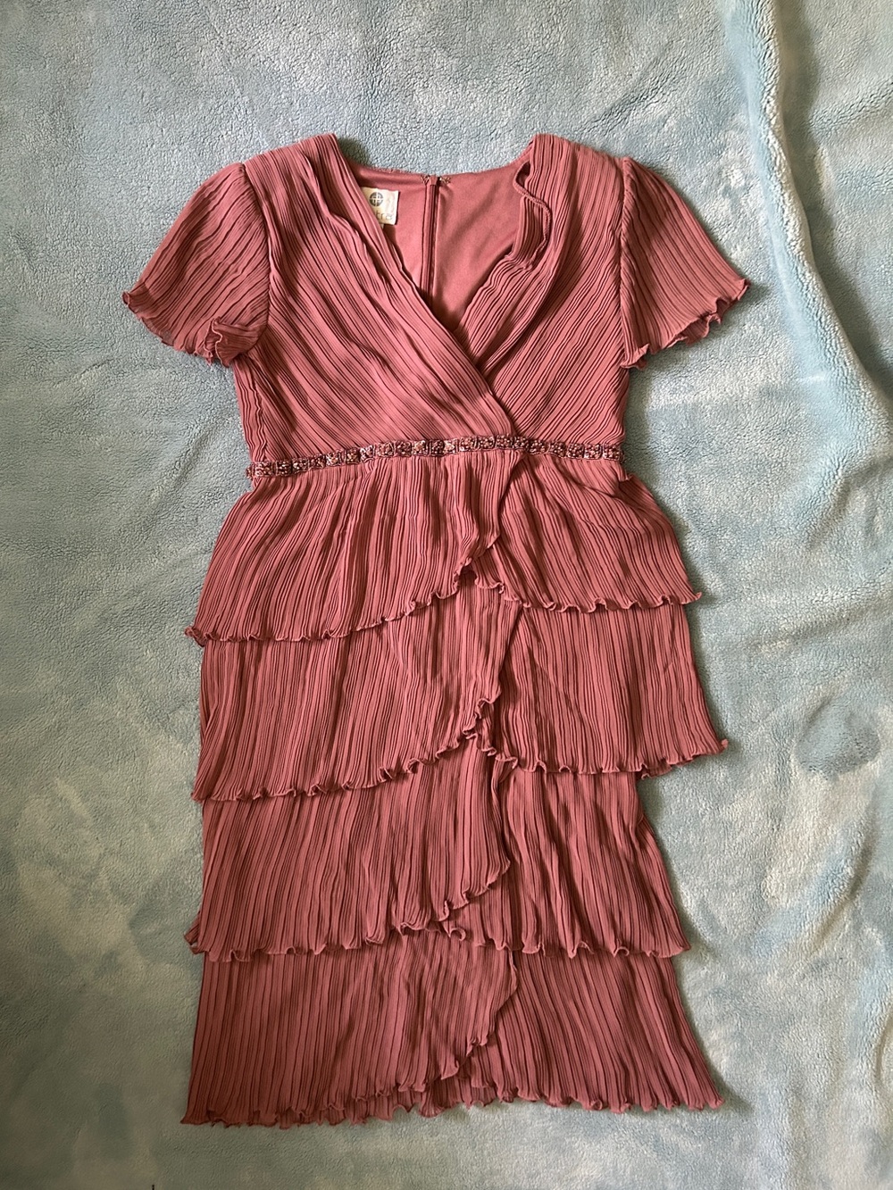 Y2K Vintage Patra Woman pink Evening Gown Rhinestone Tiered Ruffle Plus Size 8